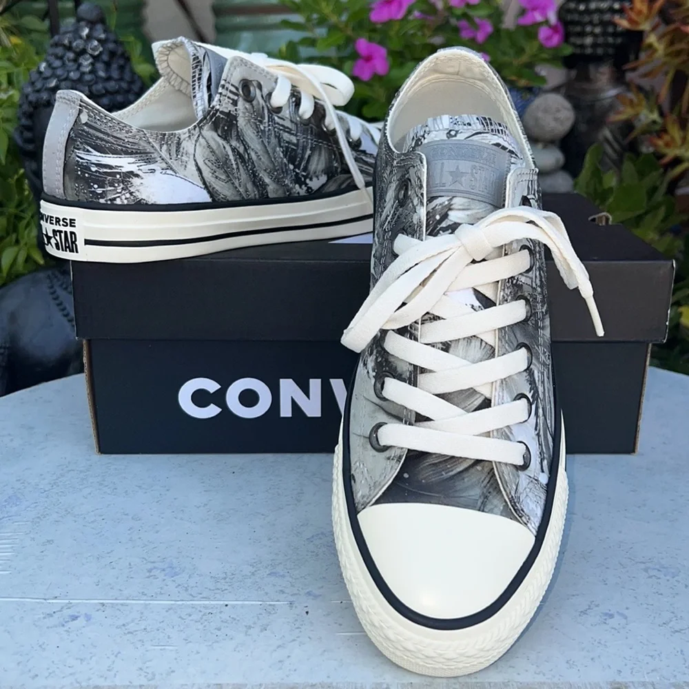 🪶 New Embroidered Feathers Converse CTAS Gray & Black Low Top Boho Sneakers - Picture 5 of 16